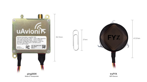 ping200X Mode S transponder with optional truFYX SBAS GPS. When paired together, the tiny duo enables unmanned systems, commonly referred to as drones, to meet global controlled airspace requirements.