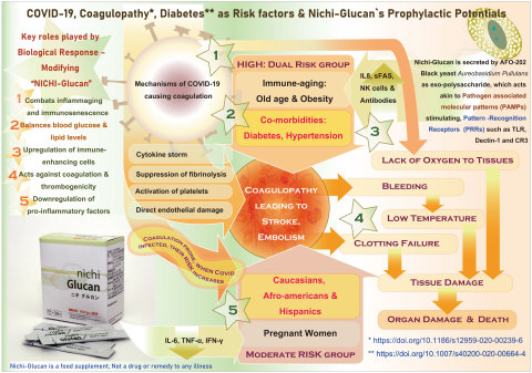 Salient features of AFO-202 secreted Nichi-Glucan on its potentials of prophylaxis to Covid-19 related complications through Blood glucose, cholesterol and coagulation system balancing. (Graphic: Business Wire)