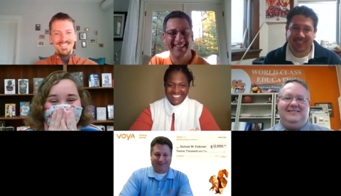 original Hartsburg, Illinois, teacher from Hartsburg-Emden School District (pictured in middle left) is awarded a grant for $12,000 as the second-place winner of Voya’s Unsung Heroes program. Voya’s Braeden Mayrisch, Director, Social Impact (top left), Mark Jackowitz, SVP, Sales Management, Tax-Exempt Markets (top middle), Angela Harrell, Chief Diversity and Corporate Responsibility Officer (center middle) and Greg Springfield, SVP, Sales - Division Manager (bottom) presented the check to Nichole Folkman via a surprise virtual check presentation along with Hartsburg-Emden School principle Jon Leslie (top right), and Hartsburg-Emden School District superintendent Terry Wisniewski (middle right). (Photo: Business Wire)