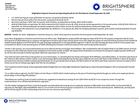 BrightSphere Reports Financial and Operating Results for the Third Quarter