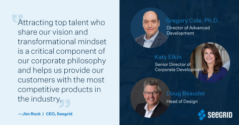 original Seegrid expands its team with three growth-oriented senior leaders: Katy Elkin as Senior Director of Corporate Development, Doug Beaudet, who will serve as Head of Design, and Greg Cole as Director of Advanced Development. (Photo: Business Wire)