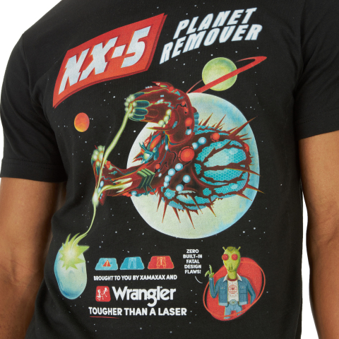 With art never seen anywhere else in the multiverse, the Wrangler x Rick and Morty Collection includes an exclusive, episode-inspired t-shirt featuring the incomparable NX-5 Planet Remover and a custom-designed laser etched jacket. (Photo: Business Wire)