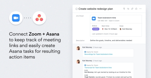 With the new Zoom for Asana integration, customers can attach Zoom call transcripts to Asana tasks for quick reference or to give teammates further context, significantly reducing the number of times teams will have to switch between both platforms. (Graphic: Business Wire)