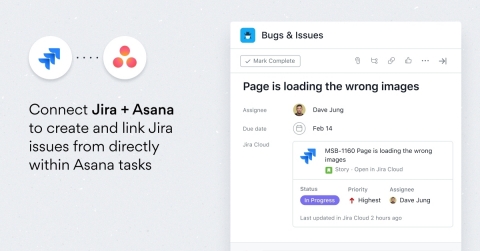 Asana for Atlassian Jira (Server Edition) enables teams to create and link Jira issues from directly within Asana tasks, and receive updates on open Jira issues - whether they’re working in the cloud or on-premise. (Graphic: Business Wire)