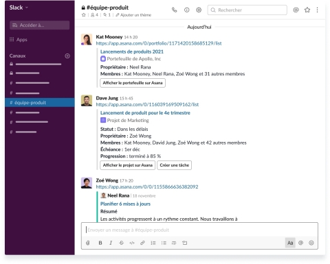 La version améliorée de l’intégration Asana pour Slack donne la possibilité aux équipes de partager des jalons, projets et portefeuilles Asana sous forme de liens au sein des canaux de conversations Slack.