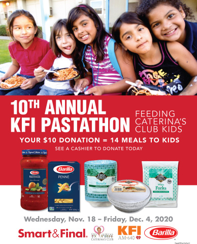November 18 - December 4, Smart & Final shoppers are invited to purchase $10 virtual bags that will provide warm, nutritional meals for underprivileged children to benefit the 10th Annual KFI AM 640 and Caterina’s Club PastaThon. (Graphic: Business Wire)