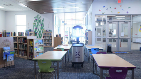 The Ruidoso Municipal School District is the first school system in the world to deploy Xenex LightStrike Germ-Zapping Robots, which are proven to deactivate SARS-CoV-2, the virus that causes COVID-19, in two minutes. The robots are disinfecting classrooms, libraries, offices, cafeterias, restrooms, locker rooms, gymnasiums, and more. (Photo: Business Wire)