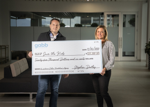 Stephen Dalby, Founder and CEO of Gabb Wireless, presents a $25,000 check to Michelle Rigby, President of SaveTheKids Foundation. (Photo: Business Wire)