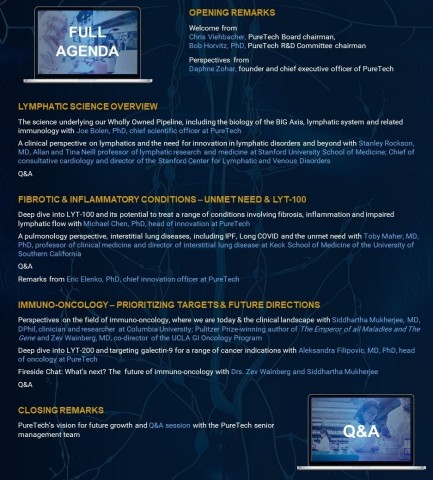 PureTech will host a virtual R&D Day on Friday, December 11, 2020, beginning at 9:00 a.m., EST. The program will showcase PureTech’s scientific leadership in lymphatics and related immune pathways and share insights across its Wholly Owned Pipeline. Experts will lead discussions on therapeutic opportunities in the lymphatic system, fibrosis and immuno-oncology and PureTech management will share research and clinical strategies with the potential to deliver highly differentiated medicines. (Graphic: Business Wire)