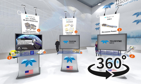 A view of three kiosks for three different Teledyne business units inside of the Virtual Trade Show (VTS) of Teledyne Defense Electronics. (Photo: Business Wire)
