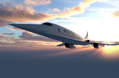 A rendering of Boom’s Overture supersonic airliner, which will roll out in 2025 and fly to more than 500 transoceanic routes in half the time. (Photo: Business Wire)