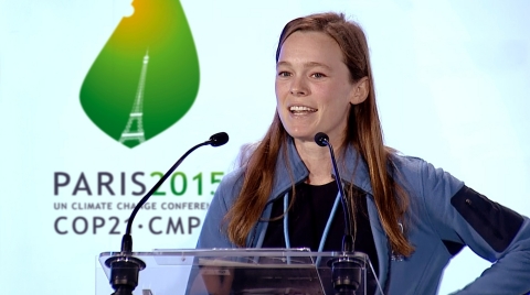 Cool Effect Director and founding member Skye Lawrence announces the launch of the nonprofit in Paris at COP21 in 2015. (Photo: Business Wire)