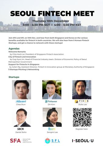 Seoul Fintech Lab holds the online 'Seoul Fintech Meet' with Singapore Fintech Association. The online meet-up focuses on networking and thus is held on an online platform that enables interactive communication. The online meet-up in Singapore will start at 4 p.m. on December 10 (KST). There are pitching session of SBCN, XQuant, Finhaven, Fin2B, and 800m, the five SFL startups participating and presentations 'Seoul, the City of Fintech and Innovation,' and 'Support for Fintechs in Singapore' to provide detailed information about supports necessary in entry to the market. (Graphic: Business Wire)