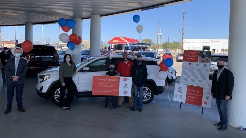 In San Angelo, Texas, Mitchell Buick-GMC and Wells Fargo team up to sponsor the donation of a payment-free vehicle to retired U.S. Air Force Staff Sergeant George Campbell and his family through Military Warriors Support Foundation's Transportation4Heroes program. (Photo: Wells Fargo)