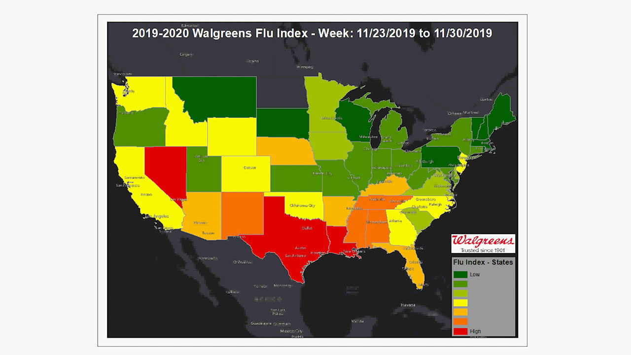 The Walgreens Flu Index helps communities track flu activity in their area and serve as a reminder to get vaccinated against the flu. Through the time lapse feature of the Walgreens Flu Index, users can see how current flu activity compares to last season.