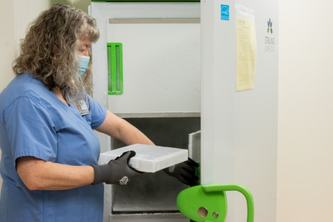 Michelle Vincent, Pharmacy Tech Lead at Seattle Cancer Care Alliance, stores initial doses of the COVID-19 vaccine. (Photo: Business Wire)