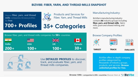 Snapshot of BizVibe's fiber, yarn, and thread mills industry group and product categories. (Graphic: Business Wire)