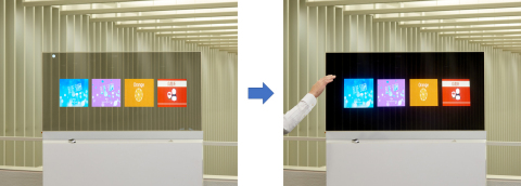 [At left] Sensor unable to detect the operator's hand [At right] Once the operator's hand has been detected, the integrated LC light control film dims the screen making it possible to display clear images (Graphic: Business Wire)