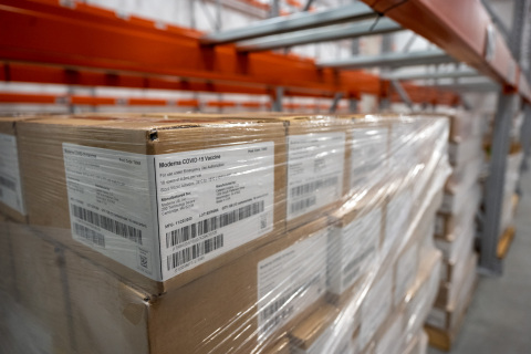 Pallets of recently received Moderna COVID-19 vaccines inside the storage freezer at McKesson’s Olive Branch, Miss. distribution center are ready to be unpacked and sorted for shipment. (Photo: Business Wire)
