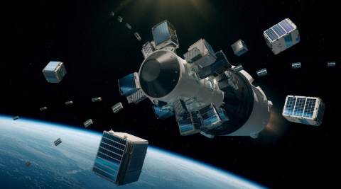 A rendering of rideshare smallsat deployments from Falcon 9 into space, courtesy of Exolaunch.