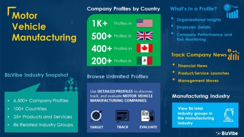 original Snapshot of BizVibe's motor vehicle manufacturing industry group and product categories. (Graphic: Business Wire)