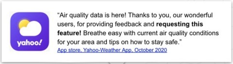 Yahoo Weather app responds to user requests for air quality conditions by adding BreezoMeter real-time environmental data. (Photo: Business Wire)