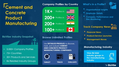 Snapshot of BizVibe's cement and concrete product manufacturing industry group and product categories. (Graphic: Business Wire)