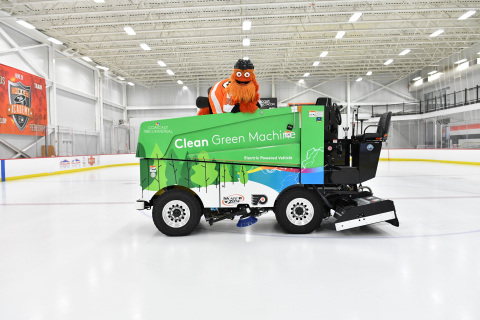 Flyers mascot Gritty poses with the team’s new electric Zamboni ice resurfacer at Virtua Center Flyers Skate Zone in Voorhees, NJ. (Photo: Comcast Spectacor)