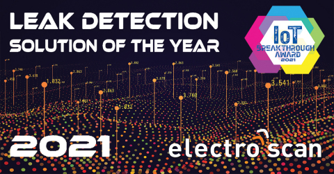 original Sacramento, Calif. USA-based Electro Scan Inc. announces its selection as 'Leak Detection Solution of the Year' for 2021 by IoT Breakthrough. Its Machine-Intelligent Smart Water & Sewer Leak Detection Solutions represents the first commercial solution to accurately locate water leaks within 1cm (3/8 inches), with each leak expressed in Gallons per Minute or Liters per Second. (Graphic: Business Wire)