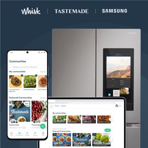 Whisk, the food technology platform that simplifies the food journey from recipe inspiration to meals on the table, today announces the addition of Tastemade, a modern media company that engages a global audience of more than 300 million monthly viewers and that creates award-winning lifestyle video content, to the Whisk Ecosystem, enabling shoppable recipes and Tastemade recipe content on the Samsung Family Hub line of refrigerators. (Graphic: Business Wire)