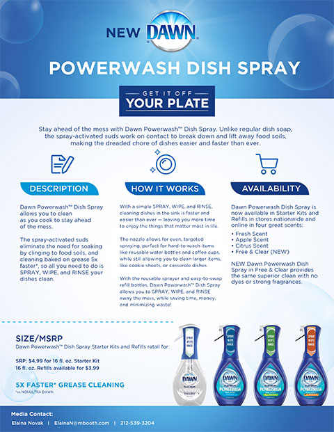 Dawn Powerwash Dish Spray allows you to clean as you cook to stay ahead of the mess. The spray-activated suds eliminate the need for soaking by clinging to food soils, and cleaning baked on grease 5x faster(3), so all you need to do is SPRAY, WIPE, and RINSE your dishes clean.