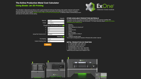 The new ExOne Production Metal Cost Calculator provides manufacturers with a per-part estimate for binder jet 3D printing a precision metal part, so the technology can easily be compared to other traditional and additive manufacturing technologies. The tool is available at exone.com/productioncalculator. (Photo: Business Wire)