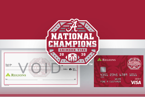 Regions customers can order the cards or checks celebrating the Tide’s championship following a highly successful 2020-21 season. (Photo: Business Wire)