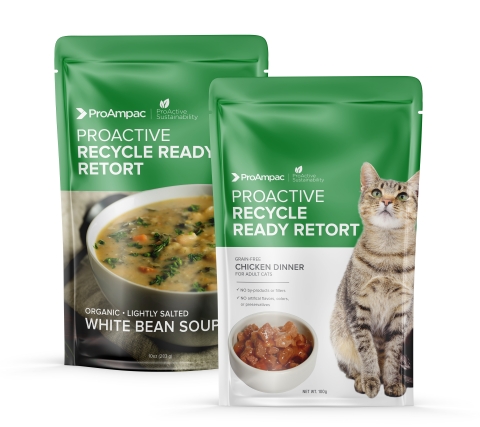 Answering an unmet need: showing recycle-ready retort packaging suitable for human and pet food made with ProAmpac’s RT-3000, a mono material and newest member of the ProActive Sustainability® product family. (Photo: Business Wire)