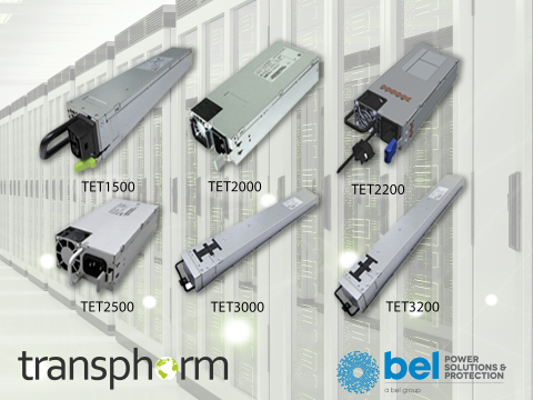 Transphorm's high voltage GaN devices are used in six of Bel Power's AC to DC TET Series power supplies, enabling Titanium efficiency power conversion for data centers. (Graphic: Business Wire)