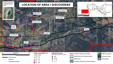 Figure 1. New discoveries and base of till anomalies at Area 1 showing new Heinä West, Kaunislehto and Akseli prospects (Graphic: Business Wire)