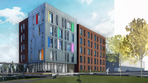 NEW HOME: This artist’s rendering shows the current concept for an affordable housing apartment complex in Dallas that is welcoming and affirming for older adults who are members of the LGBTQ community or affected by HIV. CREDIT: Perkins & Will