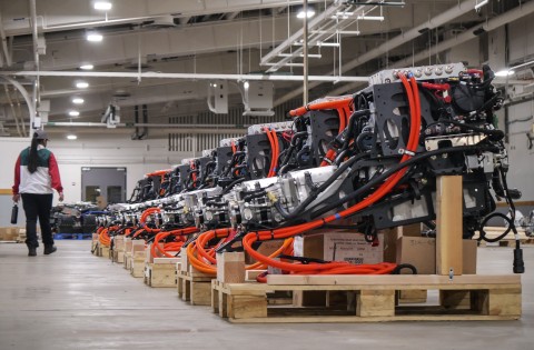 Assembled electric powertrains ready for installation into Lightning Electric Transit 350HD vehicles. (Photo: Business Wire)