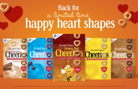 America’s number one cereal brand is bringing back happy-heart shapes to Honey Nut Cheerios and original yellow-box Cheerios, along with new additional flavors including Blueberry, Chocolate and Cinnamon starting in late January. (Photo: General Mills)