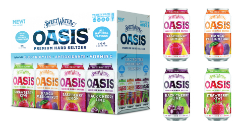 Four lip-smacking variants of Oasis® will be available in 12oz can variety packs, each featuring dual fruit combo flavors for a more delicious taste profile: Raspberry-Lemon, Strawberry-Kiwi, Mango-Passionfruit, and Black Cherry-Lime. (Photo: Business Wire)