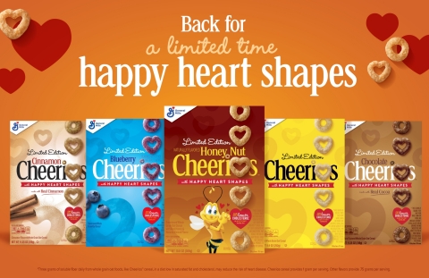 original A partir de fines de enero, la marca de cereales número uno de los Estados Unidos presentará nuevamente Honey Nut Cheerios y Cheerios de caja amarilla con las formas de corazones contentos, junto con nuevos sabores adicionales que incluyen arándano azul, chocolate y canela. (Photo: General Mills)
