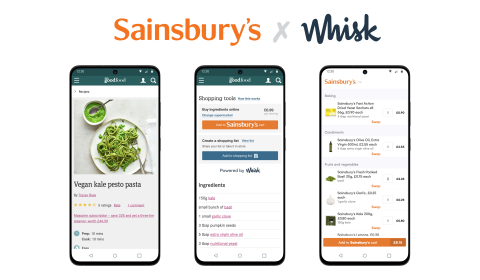Consumers can now turn any recipe from Whisk’s network of publishers, brands, and apps including the UK’s largest recipe sites, into a smart shopping list and instantly purchase for click and collect or delivery from Sainsbury’s. (Graphic: Business Wire)