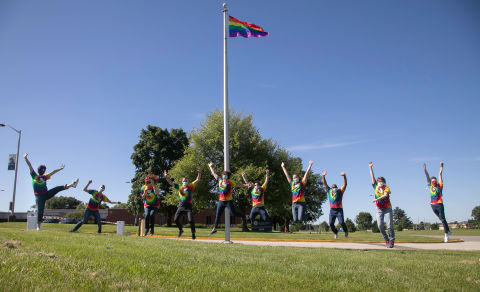 Employees at GE Appliances, a Haier company, celebrate Pride Month by raising the Pride flag above corporate headquarters in Louisville, Ky. (June 2020) (Photo: GE Appliances)