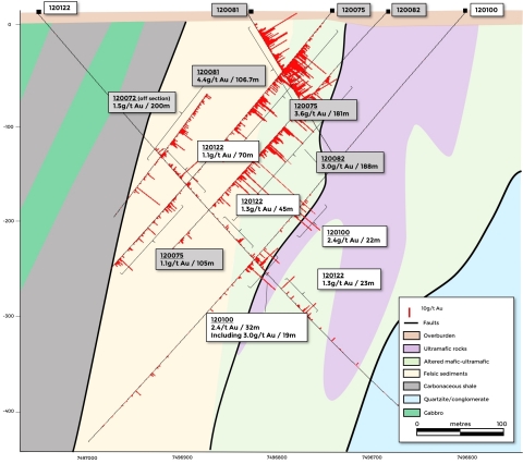 Figure 4. Simplified geological section showing drill holes 120100 and 120122 (Graphic: Business Wire)