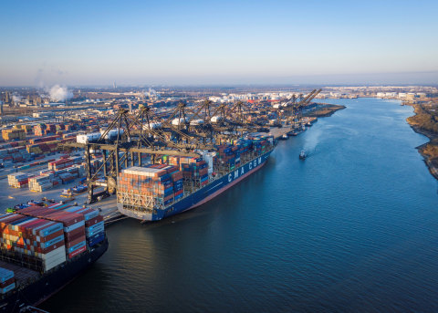 CMA CGM "Bianca" in January at the Bayport container terminal is the first ship to use six cranes at the public terminal and at that time was the second-largest lift (ship-to-shore cranes moving containers) count on a vessel operation at one of its facilities. (Photo: Business Wire)