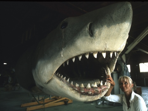 Valerie with 'Bruce' the mechanical Great White during the filming of JAWS. (Ron and Valerie Taylor)