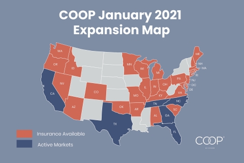 COOP expands insurance program to 34 states, enabling existing customers with large fleets across multiple markets to leverage the platform wherever they operate. (Graphic: Business Wire)