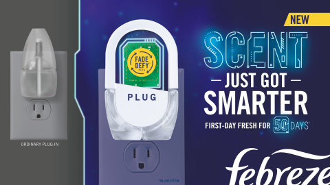 The NEW Febreze Fade Defy PLUG(TM) is the first-ever plug-in air freshener with built-in microchip smart technology that is programmed to digitally manage temperatures to control how much scent is released to smell first-day fresh for 50 days (on low). (Photo: Business Wire)