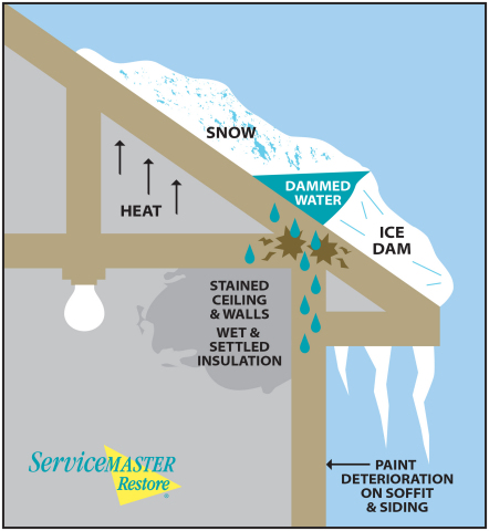 Rooftop snow can be bad news for homeowners. Melting snow that refreezes can form ice dams; frozen obstructions that block water from draining. Water collecting on roofs will often find its way into the structure, where it trickles into insulation, down wall spaces and into sheetrock, plaster and wood. “Ice dams are among the most common causes of water damage to homes,” said Peter Duncanson of ServiceMaster Restore. “Water damage itself is bad, but water leaks also can cause another significant problem – mold.” (Graphic: Business Wire)