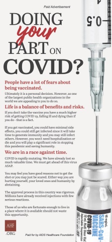 AHF will run a newspaper ad posing the question: “Doing Your Part on COVID?” The campaign kicks off with a full-page color ad with that question as the headline running in the Los Angeles Times Sunday, February 7, 2021. (Graphic: Businesss Wire)